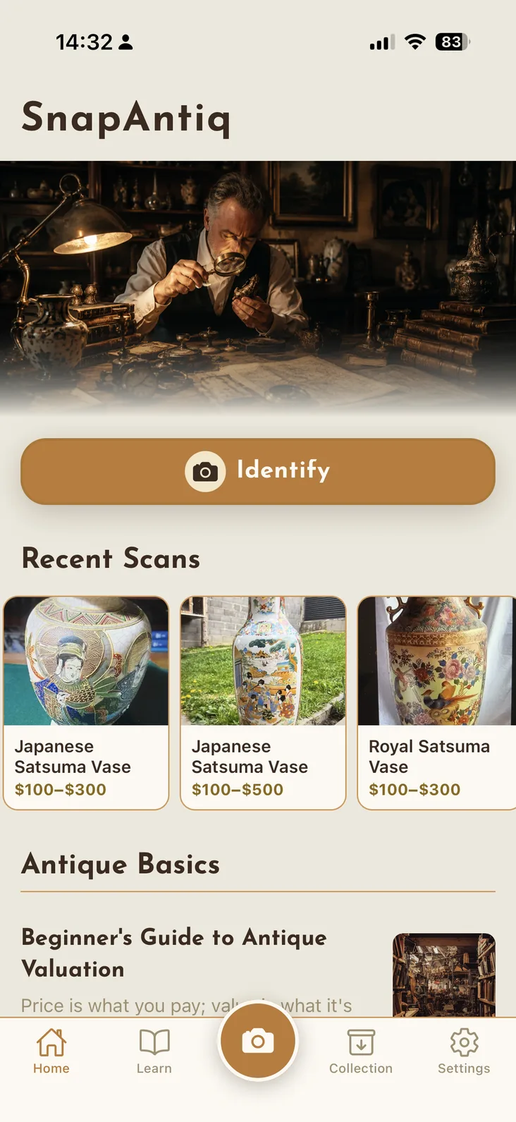Antique Snap home screen with the Identify button, recent scans and the Antique Basics library.