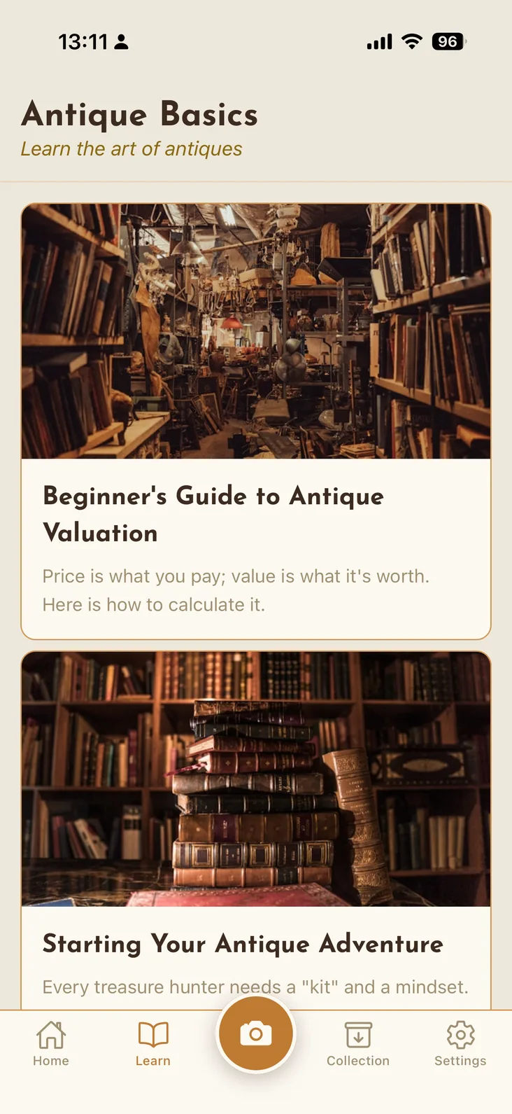The Antique Basics library in Antique Snap: guides on periods, valuation and spotting reproductions.